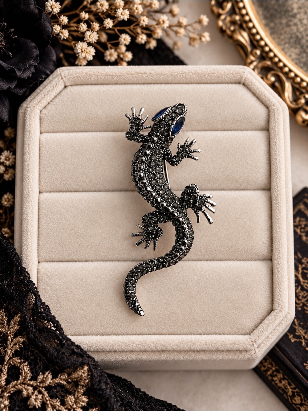 The Eleanor Collection Ornate Jeweled Lizard Brooch Sapphire Eyes Statement Pin